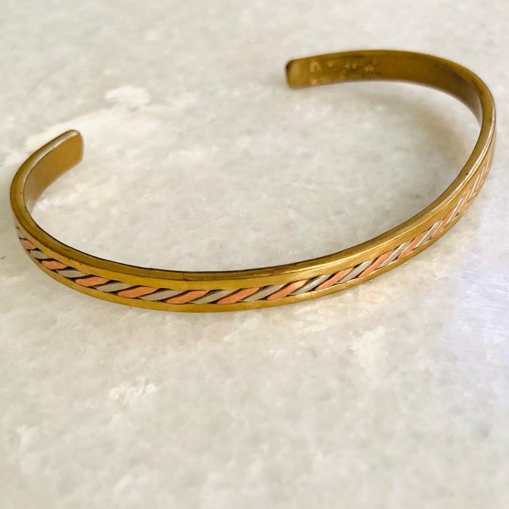 Vintage Sergio California Cuff Bracelet Mixed Metal Gold Copper Silver Braid 2.5